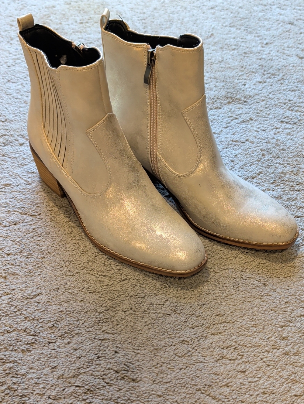 Shimmery Cream Ankle Booties with Low Block Heel